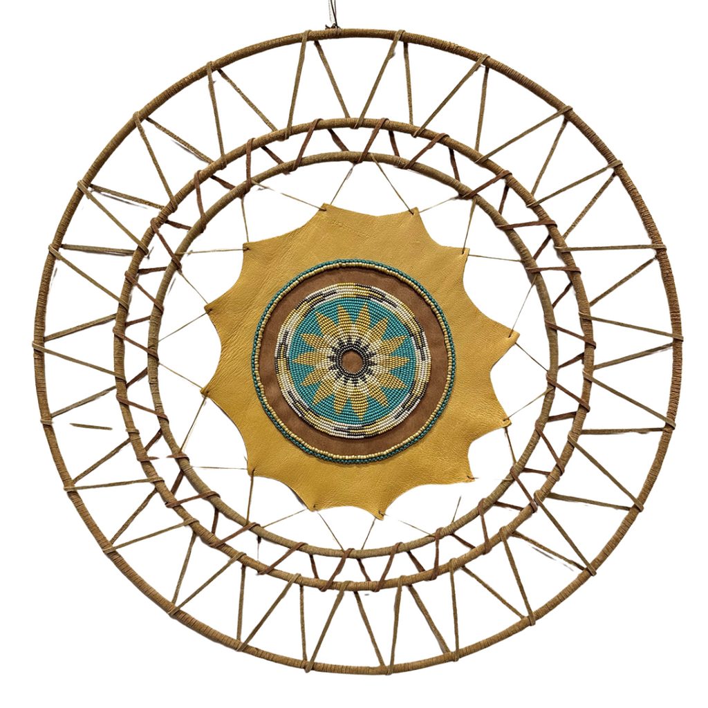Beaded Wall Art in Turquoise, Cream, Yellow - 19" on deerskin Carey Walker
