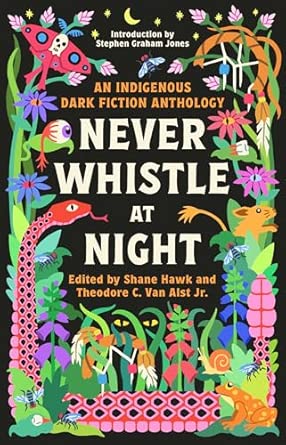The front cover of Never Whistle at Night is a striking and effective design that features the title prominently in a bold, often red or black, font against a dark, often star-filled background. The imagery is frequently a representation of the book's theme of folklore and horror, with a sense of unease or a hint of the otherworldly suggested by a single, eerie visual element. T
