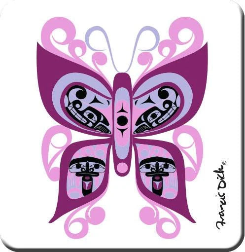 Butterfly design with wolf designs inside the wings purple and pink colors on a white background