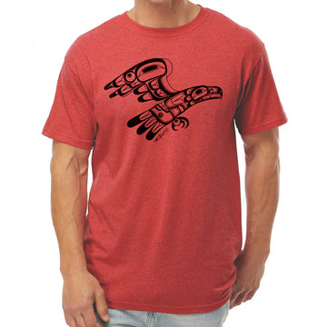 Black eagle design by Canadian indigenous artists on red t shirt with a white background