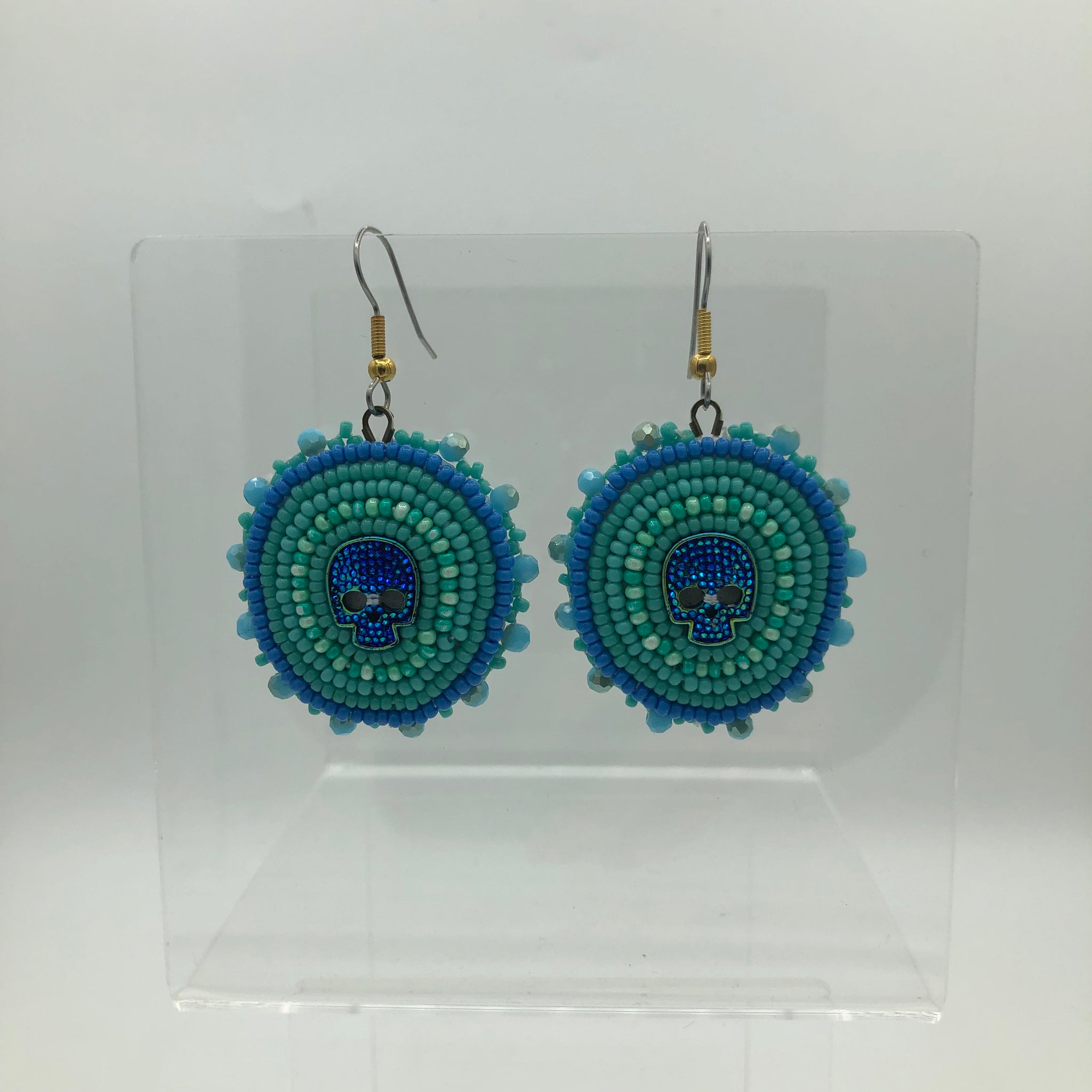 Beaded Earrings Blue skull sparkly handmade bc indigenous wearable art