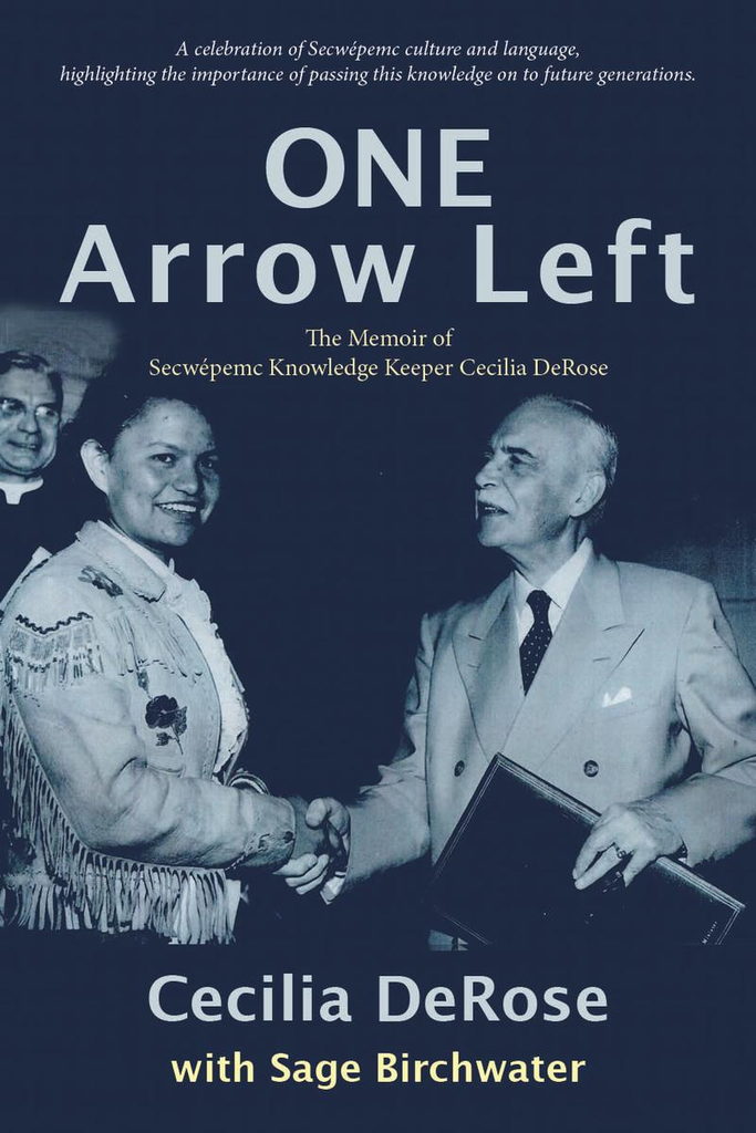 Book cover of 'One Arrow Left' featuring a handshake between two people, one in traditional attire and the other in formal wear
AI Overview
"One Arrow Left" is a memoir by Secwepemc knowledge keeper Cecilia DeRose, detailing her life, the challenges she faced in the residential school system, her dedication to teaching the Secwepemc language, and her ongoing work as a national Indigenous knowledge keeper. 